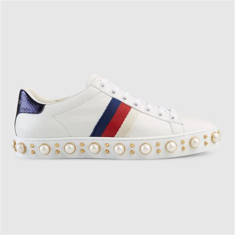 gucci pearl trainers|Gucci ace embellished leather sneakers.